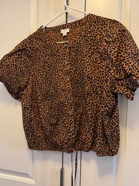 J. Crew Leopard Print Button-Front Short Sleeve Top - Brown/Black